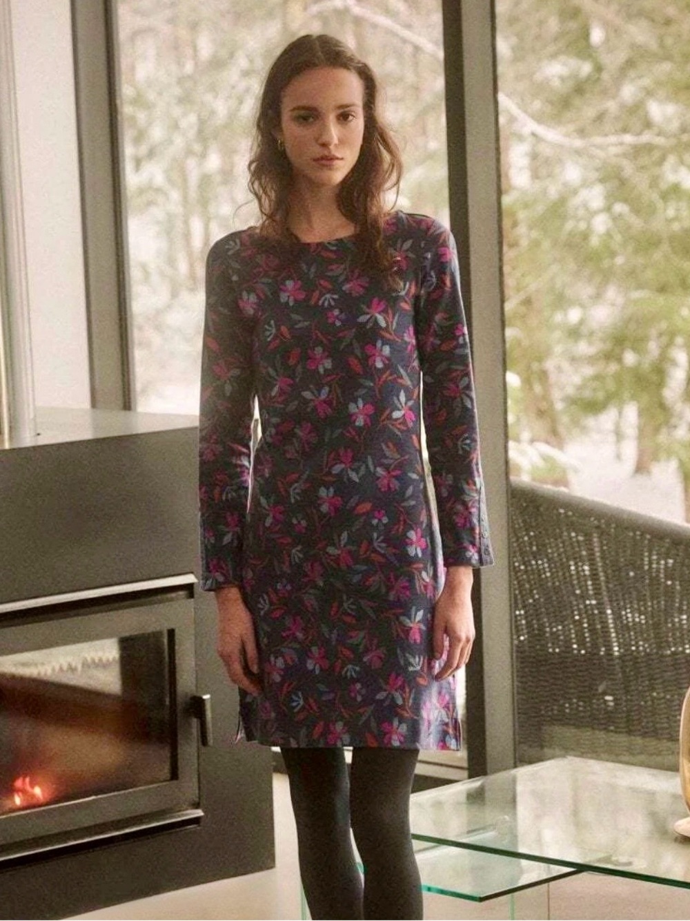 NWT Hatley Floral Long-Sleeve Shift Dress in Navy/Pink SZ Small, 100% Cotton